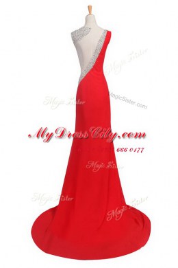 Chic One Shoulder Coral Red Sleeveless Satin Court Train Backless Prom Party Dress for Prom and Party