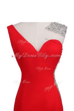 Chic One Shoulder Coral Red Sleeveless Satin Court Train Backless Prom Party Dress for Prom and Party