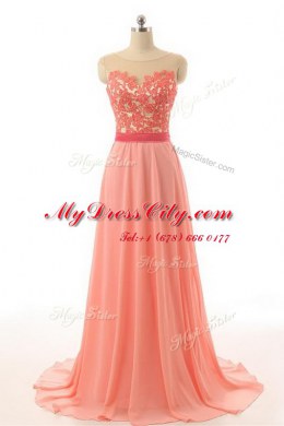 Fine Organza Sleeveless Prom Gown Brush Train and Appliques and Belt