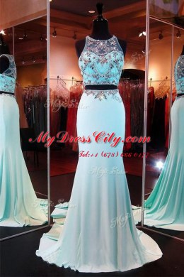 Mermaid Scoop Sleeveless Chiffon With Brush Train Zipper Prom Dress in Aqua Blue with Beading