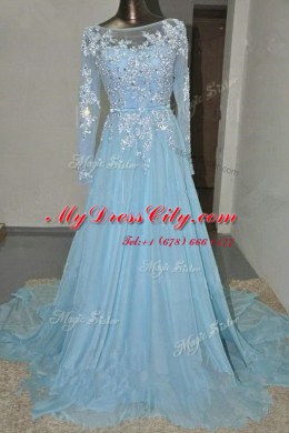 Dazzling Organza Bateau Long Sleeves Court Train Zipper Appliques and Belt Prom Evening Gown in Baby Blue