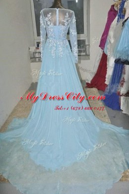 Dazzling Organza Bateau Long Sleeves Court Train Zipper Appliques and Belt Prom Evening Gown in Baby Blue