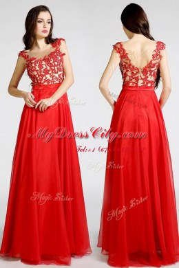 Sumptuous Red Chiffon Zipper Bateau Sleeveless Floor Length Dress for Prom Beading and Appliques