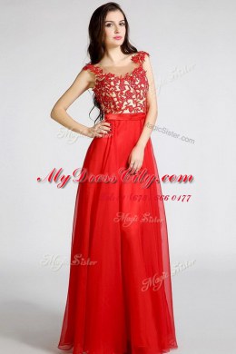 Sumptuous Red Chiffon Zipper Bateau Sleeveless Floor Length Dress for Prom Beading and Appliques