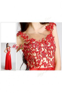 Sumptuous Red Chiffon Zipper Bateau Sleeveless Floor Length Dress for Prom Beading and Appliques