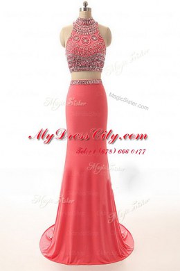 Watermelon Red Empire Satin High-neck Sleeveless Beading and Appliques and Belt Backless Prom Dresses Brush Train