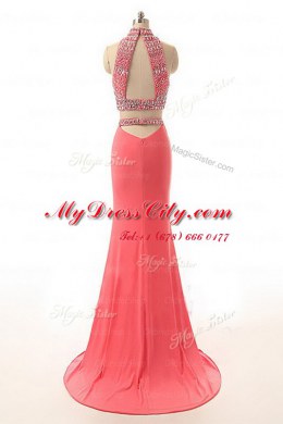 Watermelon Red Empire Satin High-neck Sleeveless Beading and Appliques and Belt Backless Prom Dresses Brush Train