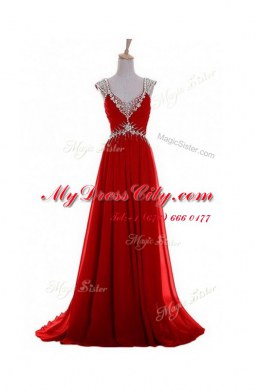 Red Zipper V-neck Beading and Belt Chiffon Sleeveless Brush Train