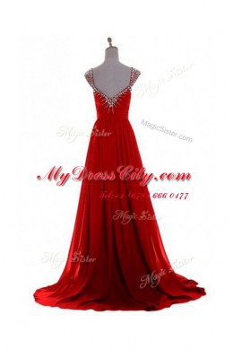 Red Zipper V-neck Beading and Belt Chiffon Sleeveless Brush Train