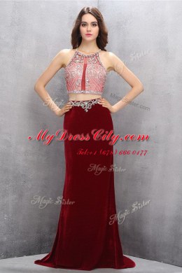 Cheap Scoop Sleeveless Brush Train Beading and Appliques Burgundy Chiffon