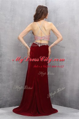 Cheap Scoop Sleeveless Brush Train Beading and Appliques Burgundy Chiffon