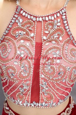 Cheap Scoop Sleeveless Brush Train Beading and Appliques Burgundy Chiffon