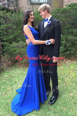 Mermaid Scoop Sleeveless Chiffon With Brush Train Zipper Prom Gown in Royal Blue with Beading