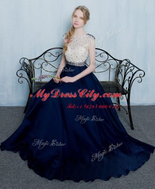 Scoop Floor Length Navy Blue Prom Party Dress Chiffon Cap Sleeves Beading and Ruching