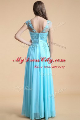 Smart Scoop Aqua Blue Sleeveless Appliques Floor Length Dress for Prom
