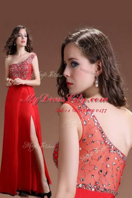 Custom Design Red Column/Sheath One Shoulder Sleeveless Satin Floor Length Side Zipper Beading Homecoming Dress