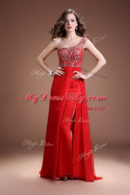 Custom Design Red Column/Sheath One Shoulder Sleeveless Satin Floor Length Side Zipper Beading Homecoming Dress