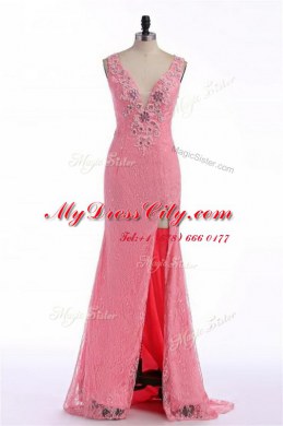Sleeveless Organza Sweep Train Backless Prom Party Dress in Rose Pink with Lace and Appliques