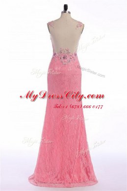 Sleeveless Organza Sweep Train Backless Prom Party Dress in Rose Pink with Lace and Appliques