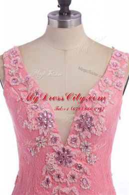 Sleeveless Organza Sweep Train Backless Prom Party Dress in Rose Pink with Lace and Appliques