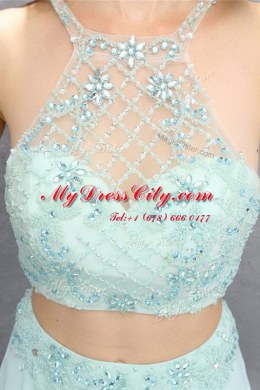 Halter Top Empire Sleeveless Light Blue Prom Evening Gown Sweep Train Zipper