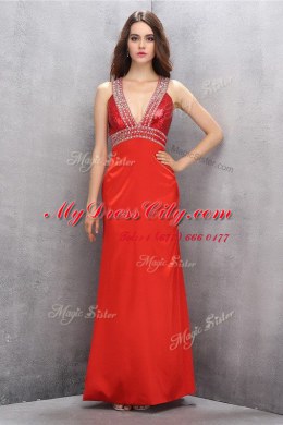 V-neck Sleeveless Prom Evening Gown Floor Length Beading Coral Red Satin