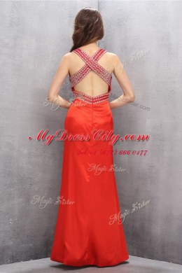 V-neck Sleeveless Prom Evening Gown Floor Length Beading Coral Red Satin