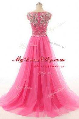 Lace Hot Pink Bateau Zipper Beading Evening Dress Short Sleeves