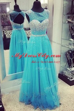 Scoop Turquoise Zipper Prom Party Dress Beading Sleeveless Floor Length