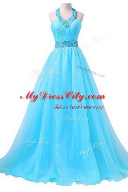 Traditional Aqua Blue Halter Top Neckline Beading and Belt Prom Party Dress Sleeveless Lace Up