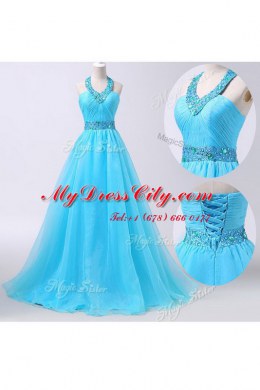 Traditional Aqua Blue Halter Top Neckline Beading and Belt Prom Party Dress Sleeveless Lace Up