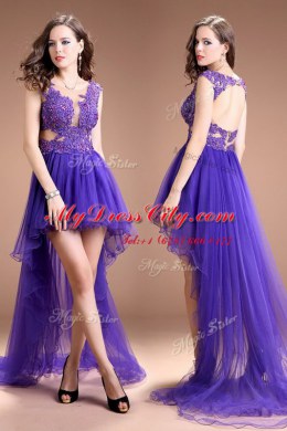 Fine Scoop Purple Organza Zipper Homecoming Dress Online Sleeveless High Low Beading and Appliques