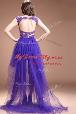 Fine Scoop Purple Organza Zipper Homecoming Dress Online Sleeveless High Low Beading and Appliques
