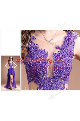 Fine Scoop Purple Organza Zipper Homecoming Dress Online Sleeveless High Low Beading and Appliques