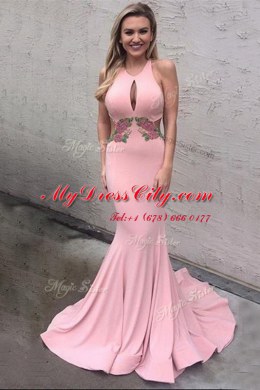 Mermaid Scoop Sleeveless Brush Train Criss Cross With Train Appliques Prom Gown