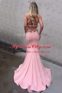 Mermaid Scoop Sleeveless Brush Train Criss Cross With Train Appliques Prom Gown