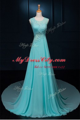 Scoop With Train Baby Blue Prom Party Dress Chiffon Brush Train Sleeveless Beading and Appliques