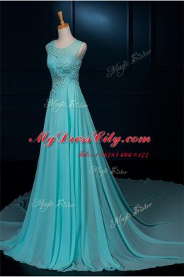 Scoop With Train Baby Blue Prom Party Dress Chiffon Brush Train Sleeveless Beading and Appliques
