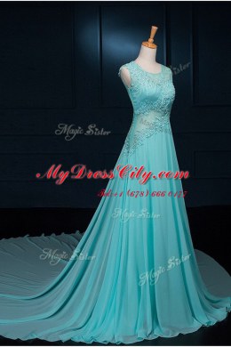 Scoop With Train Baby Blue Prom Party Dress Chiffon Brush Train Sleeveless Beading and Appliques