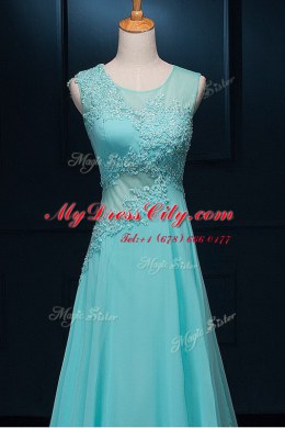Scoop With Train Baby Blue Prom Party Dress Chiffon Brush Train Sleeveless Beading and Appliques