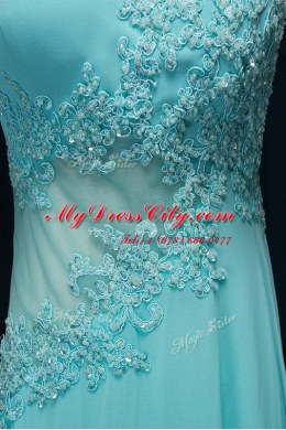 Scoop With Train Baby Blue Prom Party Dress Chiffon Brush Train Sleeveless Beading and Appliques