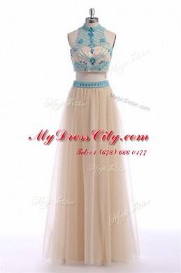 Fancy Floor Length Champagne Dress for Prom High-neck Sleeveless Zipper