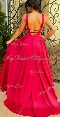 With Train Red Dress for Prom V-neck Sleeveless Brush Train Criss Cross