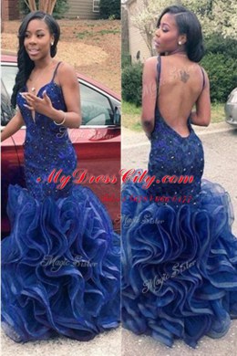 Simple Navy Blue Mermaid Spaghetti Straps Sleeveless Chiffon Floor Length Backless Ruffles Evening Dresses