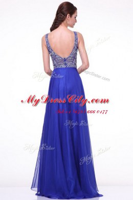 Royal Blue Bateau Zipper Beading and Ruching Evening Dress Brush Train Sleeveless