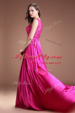 Vintage Bateau Sleeveless Zipper Homecoming Dress Hot Pink Satin