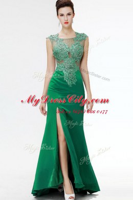 Adorable Dark Green Sleeveless Sweep Train Beading and Appliques Floor Length Prom Party Dress