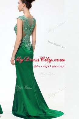 Adorable Dark Green Sleeveless Sweep Train Beading and Appliques Floor Length Prom Party Dress