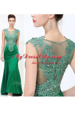 Adorable Dark Green Sleeveless Sweep Train Beading and Appliques Floor Length Prom Party Dress