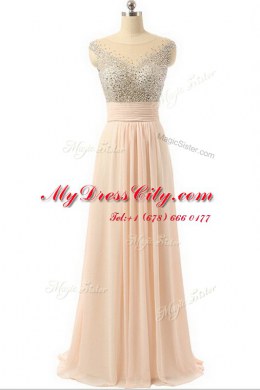 Scoop Peach Sleeveless Beading and Sequins and Belt Side Zipper Evening Dress